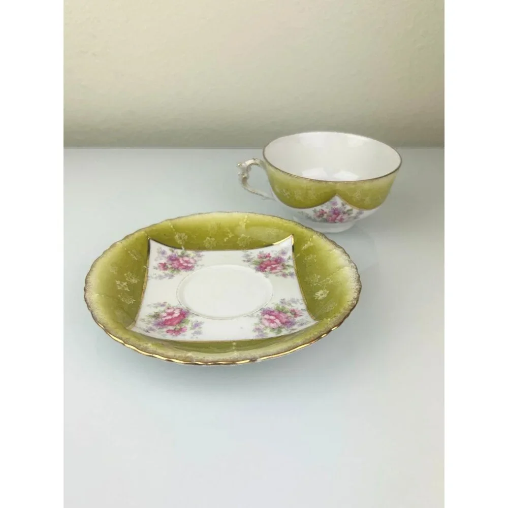 Excelsior Austria Porcelain Teacup & Saucer Green Pink Floral Victorian